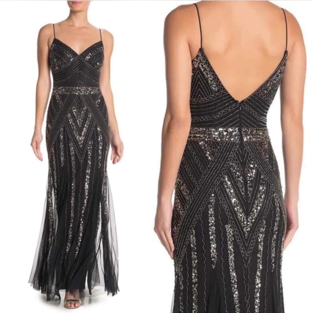 Marina Beaded Sequined Navy V-Neck Gown Dress 16